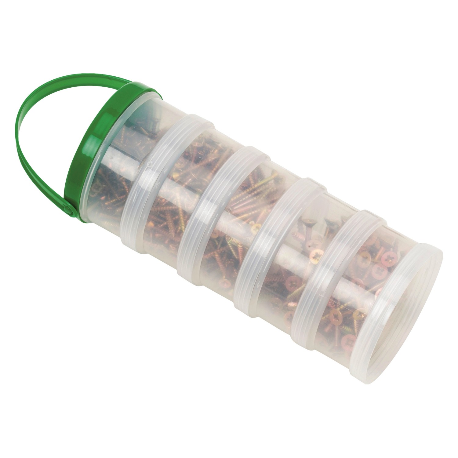 Senkkopf Spanplattenschrauben Ø 3,5x25 mm im transparenten Behälter mit grünem Griff.