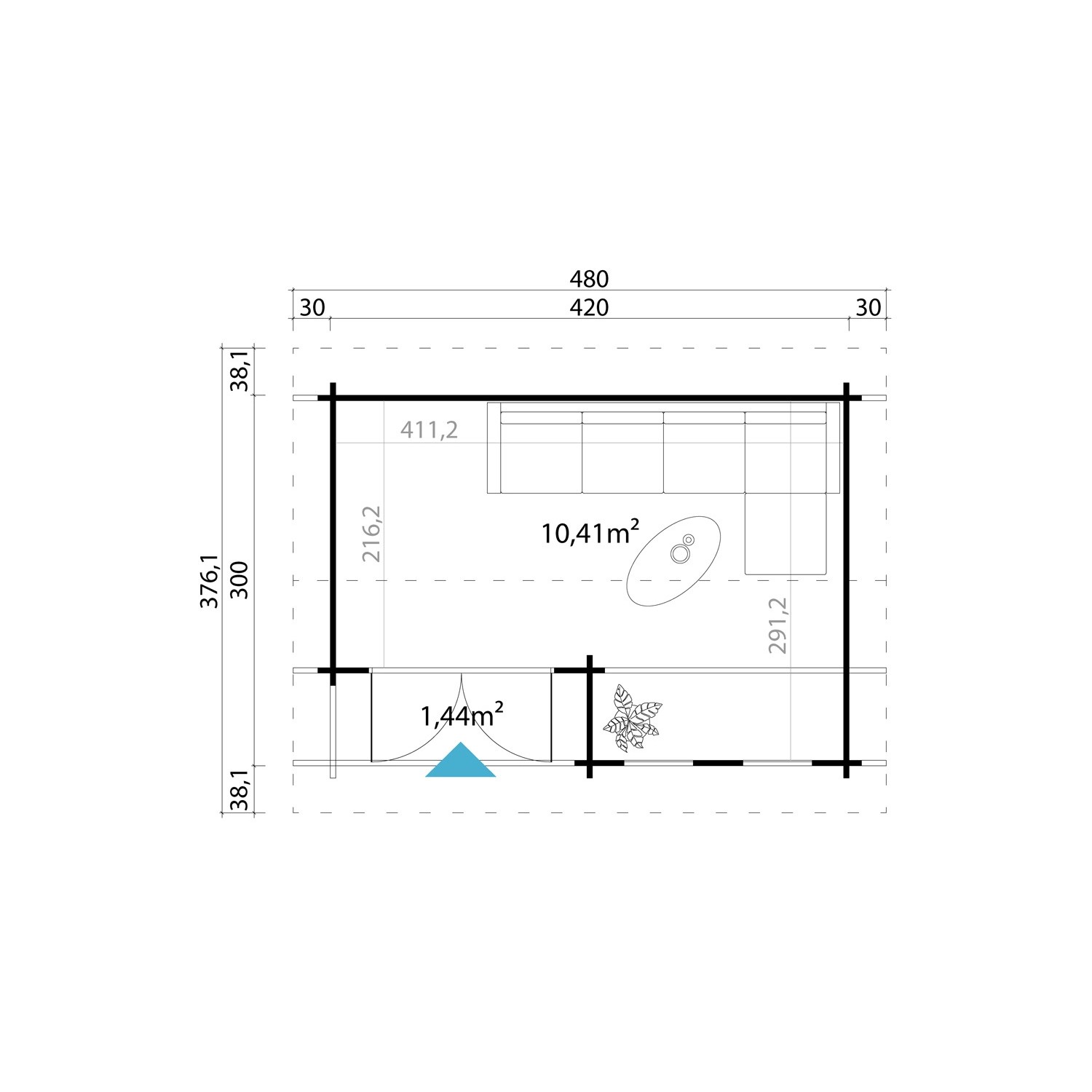 Grundriss Lasita Maja Gartenhaus Hampshire, 420x300 cm, Schwedenrot, mit Maßen und Flächenangaben.