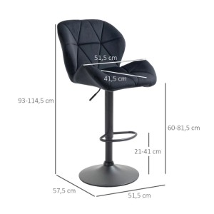 HOMCOM Barhocker (2er-Set), schwarz, drehbar, höhenverstellbar, gesteppter Flanell, Metallfuß.