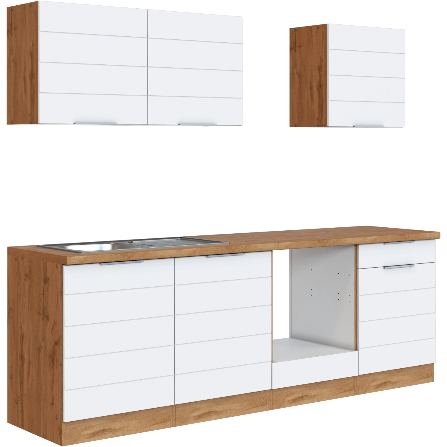 Held Möbel Küchenzeile 240 cm in Weiß-Wotaneiche ohne E-Geräte. Moderne Einbauküche mit Spüle.