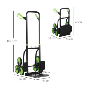 DURHAND Treppensteiger, schwarz-grün, ausgeklappt und zusammengeklappt mit Maßen. Klappbare Sackkarre mit 6 Sternrädern.