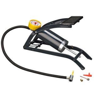 CMI Fußluftpumpe Einzylinder mit Manometer und Adaptern für Autoreparatur und Wartung.