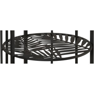 Detailaufnahme: Anthrazitfarbenes Pflanzenregal mit Rankgitter und Palmenblatt-Design.