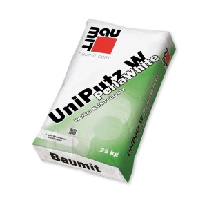 Weißer Baumit UniPutz W PerlaWhite Kalk-Feinputz im 25 kg Sack für innen und außen.