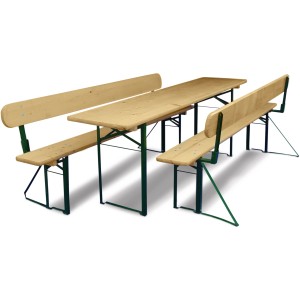 Bierzeltgarnitur mit Rückenlehne, bestehend aus Tisch und zwei Bänken mit Lehnen, Kiefernholz natur, Gestell grün.