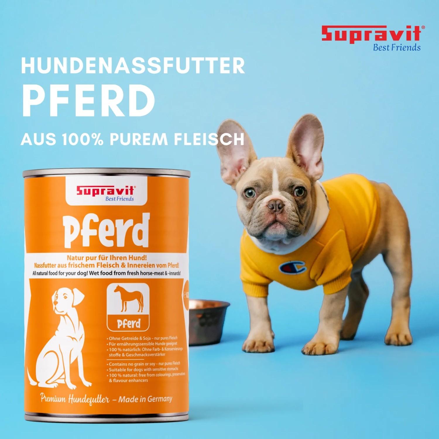 Orange Supravit Nassfutter Dose Pferd für Hunde, daneben ein kleiner Französischer Bulldog in gelbem Shirt. Getreidefreies Hundefutter.