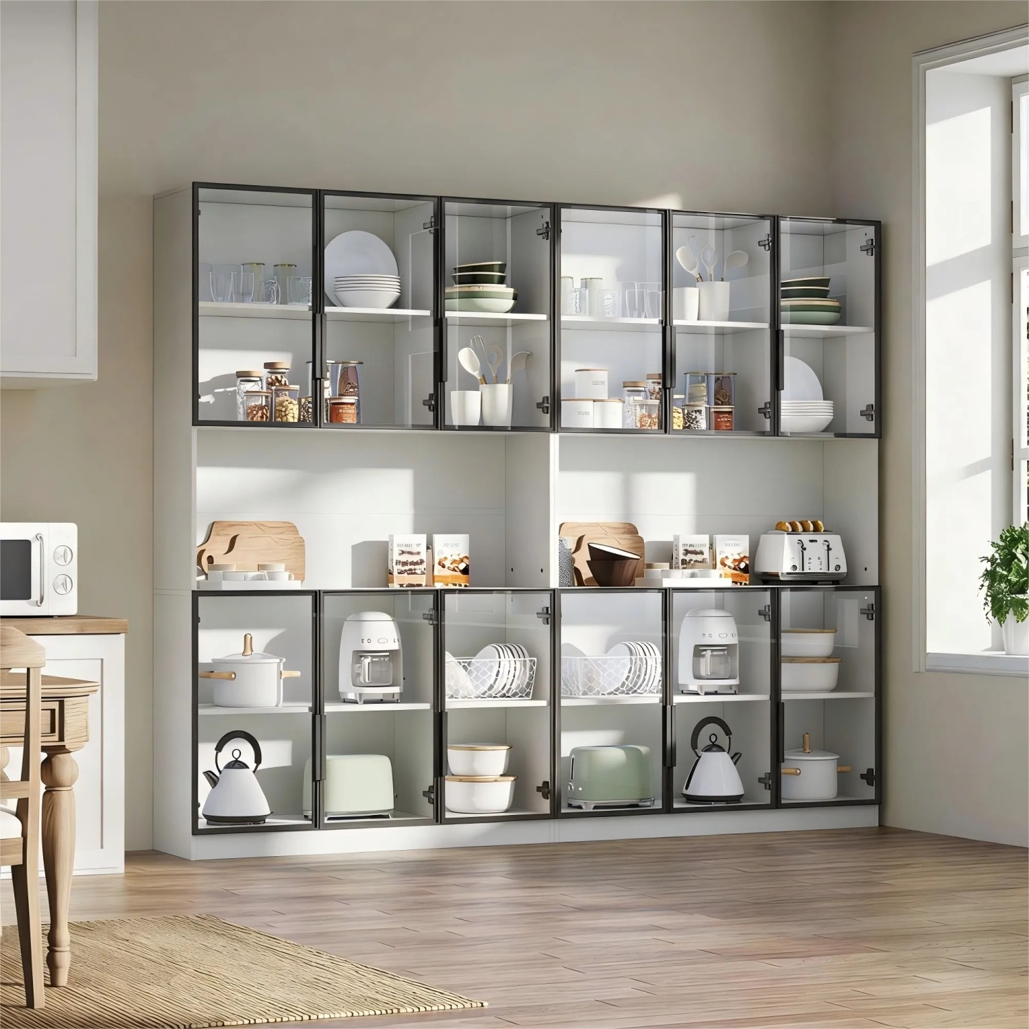 okwish Vitrine mit LED Beleuchtung Schranktüren Stauraum Wohnzimmer 240x34x200cm Weiß_6