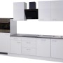 Flex-Well Küchenzeile Lucca, 280 cm, Weiß mit E-Geräten und grauer Arbeitsplatte.