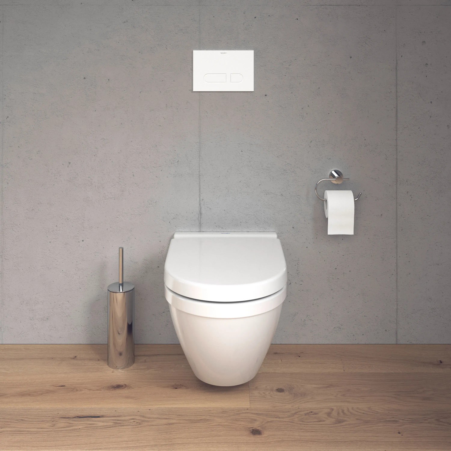Duravit Wand WC Set Starck 3, weiß, mit WC-Sitz und Absenkautomatik vor grauer Wand.