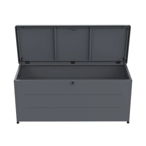 Geöffnete Weka Metall-Terrassenbox Gary 700 in Anthrazit, 180x70x79 cm. Universalbox für Garten und Terrasse.