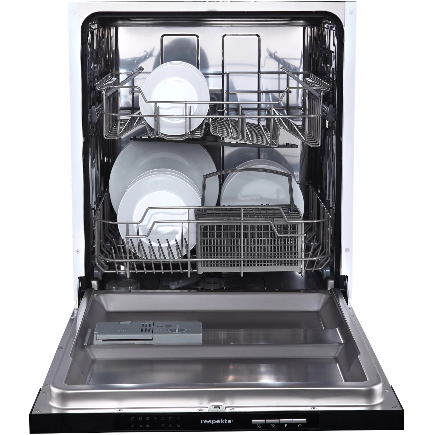 Offener Respekta Geschirrspüler (Einbauküche) mit Geschirr in den Körben.