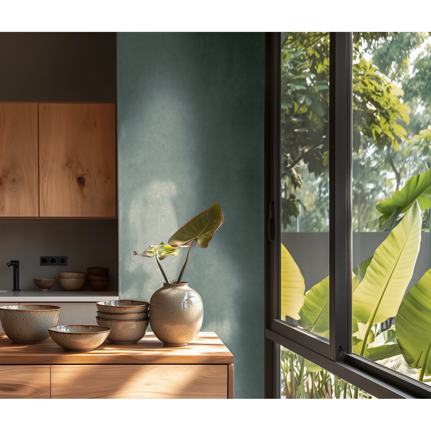 Blau-grüne A.S. Creation Vliestapete Uni Putzoptik im modernen Raumambiente.