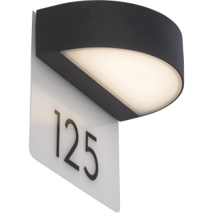 Moderne AEG LED-Hausnummerleuchte Monido in Anthrazit mit Hausnummer.