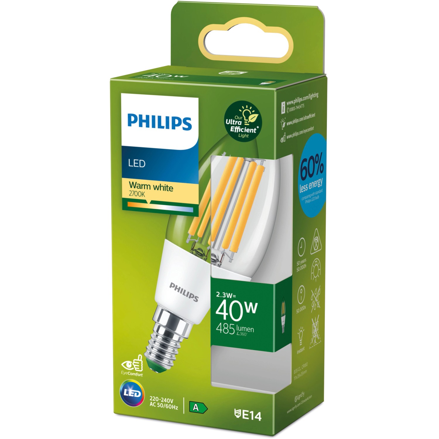 Philips LED E14 Kerze, 2,3W, 485lm, ultraeffizient, warmweiß, in grüner Verpackung.