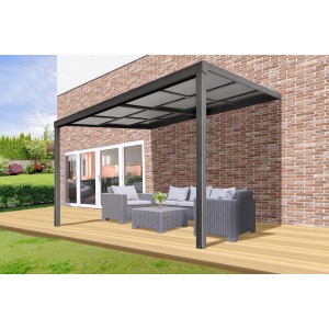 Floraworld Terrassenüberdachung Air, anthrazit, mit Schiebedach und Sitzgruppe auf Terrasse.
