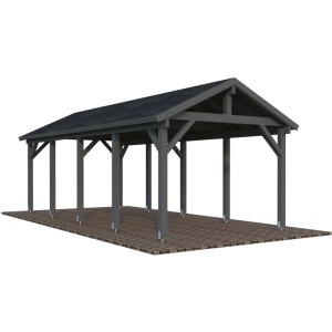 Dunkelgrauer Palmako Carport Robert aus lackiertem Holz mit Satteldach für PKW-Stellplatz.