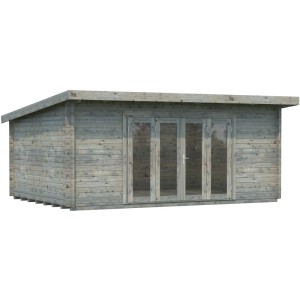 Graues Palmako Lea Holz-Gartenhaus mit Pultdach, 530x380 cm. Gartenhaus aus Holz mit Glastür.