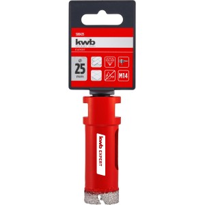 kwb Fliesenbohrer, 25 mm Durchmesser, M14 Aufnahme, für Winkelschleifer. Roter Bohrer mit Diamantbohrkrone.