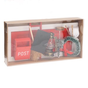 9-teiliges Deko-Weihnachtsszene-Set mit Miniatur-Weihnachtsdekorationen in einer Geschenkbox.