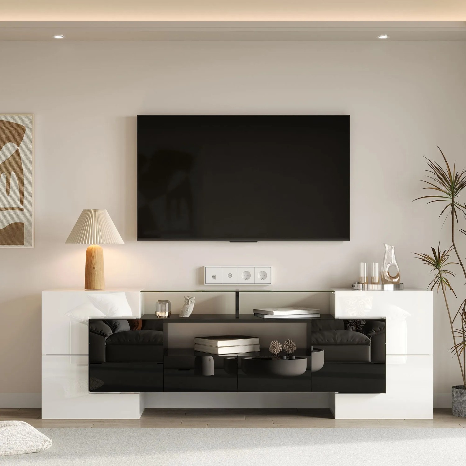 okwish TV Schrank mit LED Stauraum Glasoberfläche 200x35x60cm Hochglanz Weiß Schwarz_3