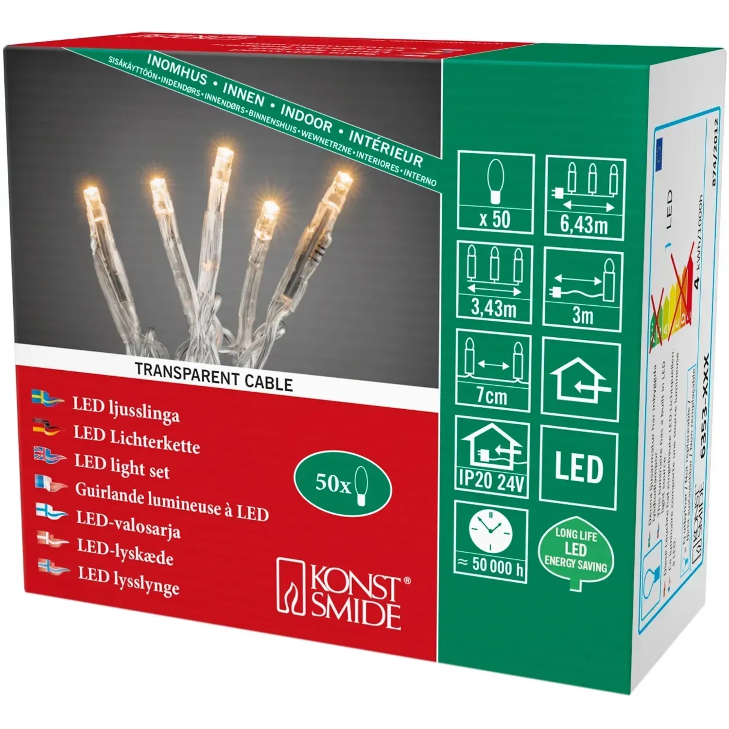 Konstsmide Micro LED Lichterkette mit 50 bernsteinfarbenen LEDs und transparentem Kabel für Innenräume.