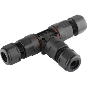 Wasserdichter T-Stecker IP68 für Kabel 1,0-2,5mm², ideal für Außeninstallationen.