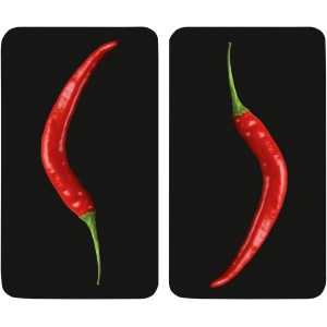 Wenko Herdabdeckplatten Hot Peperoni, 2er-Set mit roten Chili-Motiven auf schwarzem Grund.