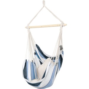Hängesessel Havanna Marine: Wetterfester, blau-weiß gestreifter Schwebesessel mit Kissen.