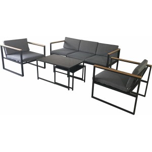 Lounge Space Gartenmöbel-Set mit Sofa, Sesseln und Tischen aus Stahl und Polywood.