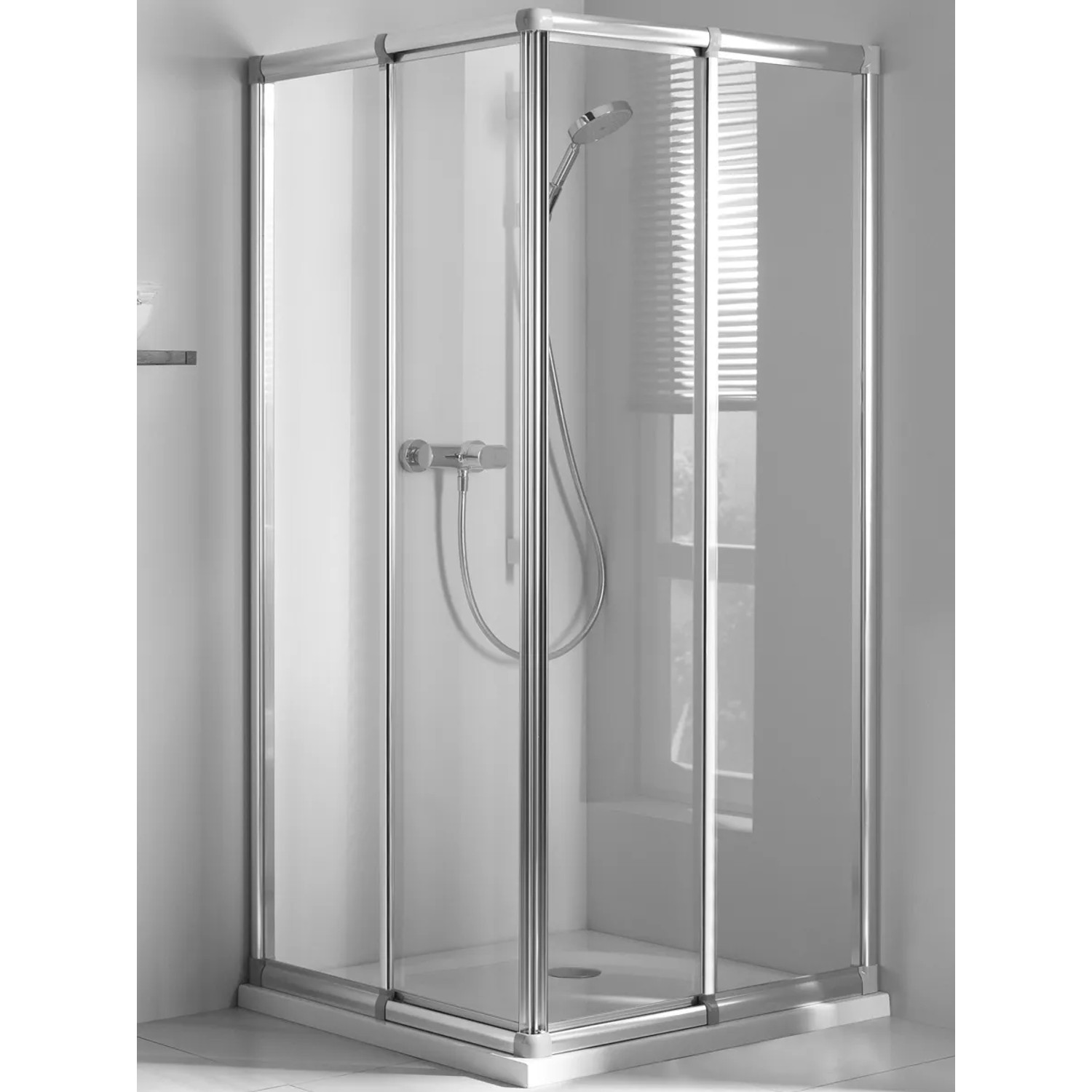 Breuer Eckeinstieg Fara 4 mit Schiebetür, Silber matt, Klarglas, 90x80 cm. Elegante Eckdusche für Ihr Bad.
