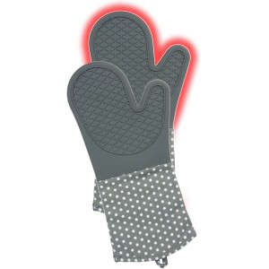 Graue Wenko Topfhandschuhe aus Silikon mit weißen Punkten, 1 Paar Küchenhelfer.