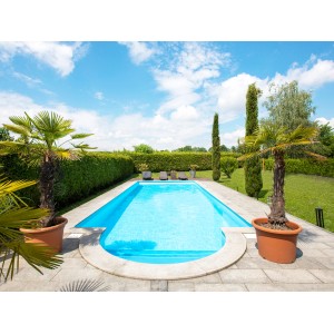 Steinbach Styropor Pool-Set Classic de Luxe 800x400 cm im Garten mit Poolumrandung und Palmen.