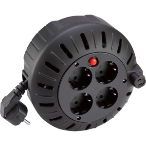 Schwarze Kabeltrommel H05VV-F3G1 für Innen, 3 m, mit 4 Steckdosen und Kindersicherung.