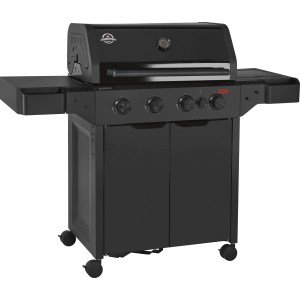 Schwarzer Jamestown Gasgrill Knox II mit 4 Brennern, Seitentischen und Unterschrank.