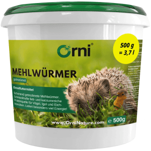 Orni Insektenfutter für Wildvögel und Igel im Eimer, mit Soldatenfliegenlarven und Mehlwürmer-Motiv.