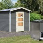 Karibu Saunahaus Espen in Terragrau mit Vorraum, Saunaofen und externer Steuerung.