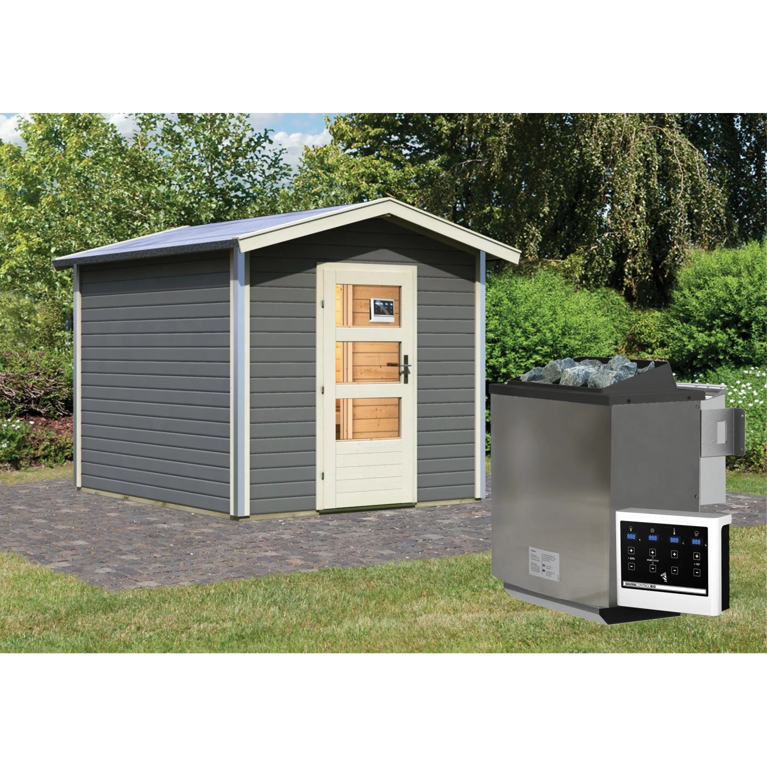Karibu Saunahaus Espen in Terragrau mit Vorraum, Saunaofen und externer Steuerung.