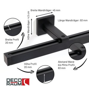 Deco-Raum 1-Lauf Gardinenschiene Cube Schwarz. Maße Profil (20x20mm) und Wandträger (45x93mm) für Gardinenführung.