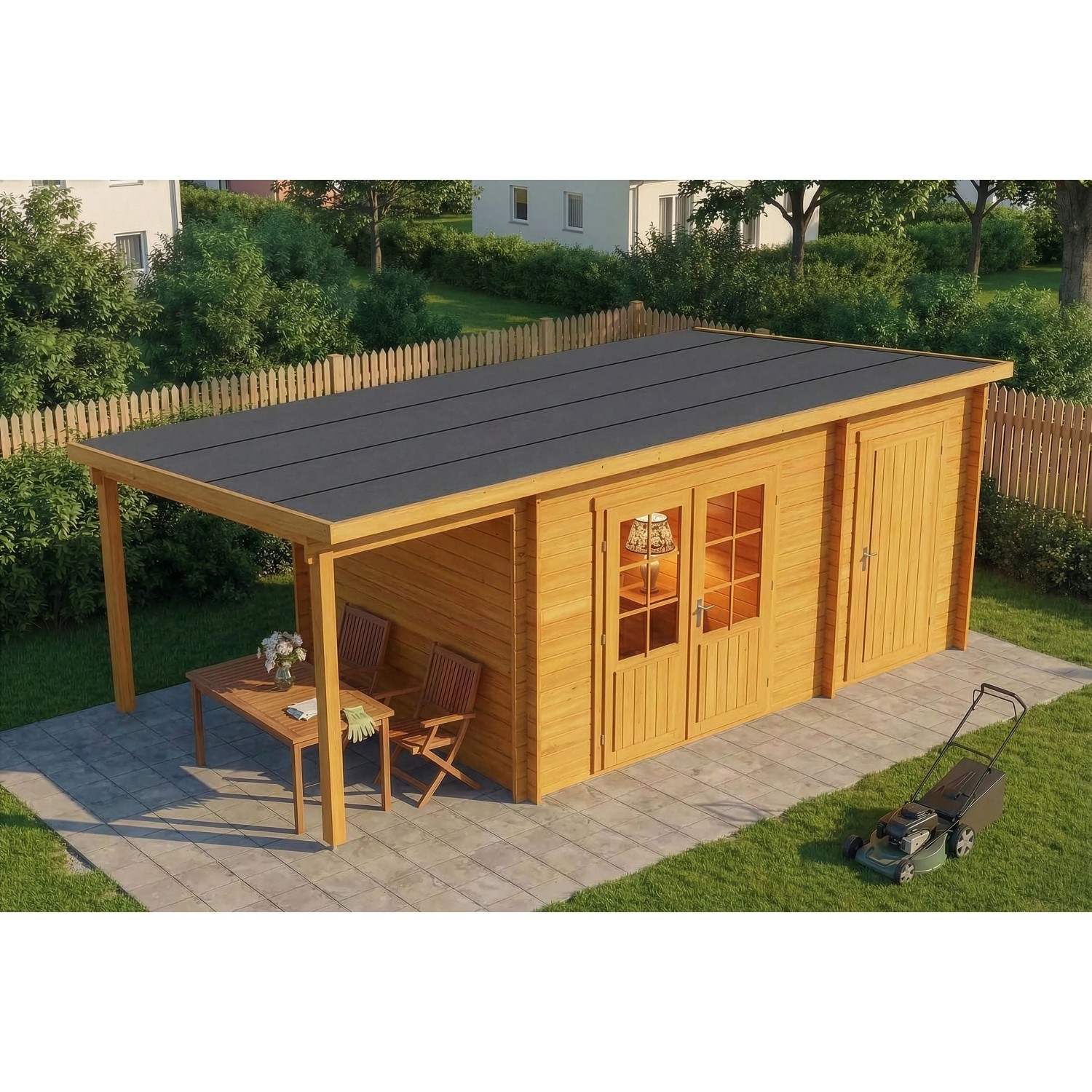 Imprägniertes Alpholz Gartenhaus Maria-28 mit Schleppdach, 450x250 cm, Naturholz.
