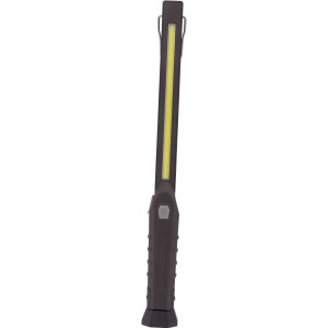 Schwarze LED-Arbeitsleuchte mit Akku, 36 cm hoch, für Werkstatt und Camping.