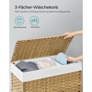 Naturfarbener Songmics Wäschekorb mit Deckel und 3 Fächern zum Sortieren der Wäsche.