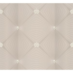 Glööckler Vliestapete Beige mit Rauten, Krönchen und Strasssteinen.