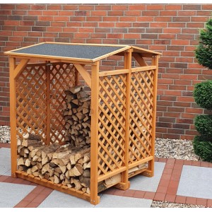 Honigbraunes Kaminholzlager aus Kiefernholz mit Dachpappe, 120x118x148 cm.