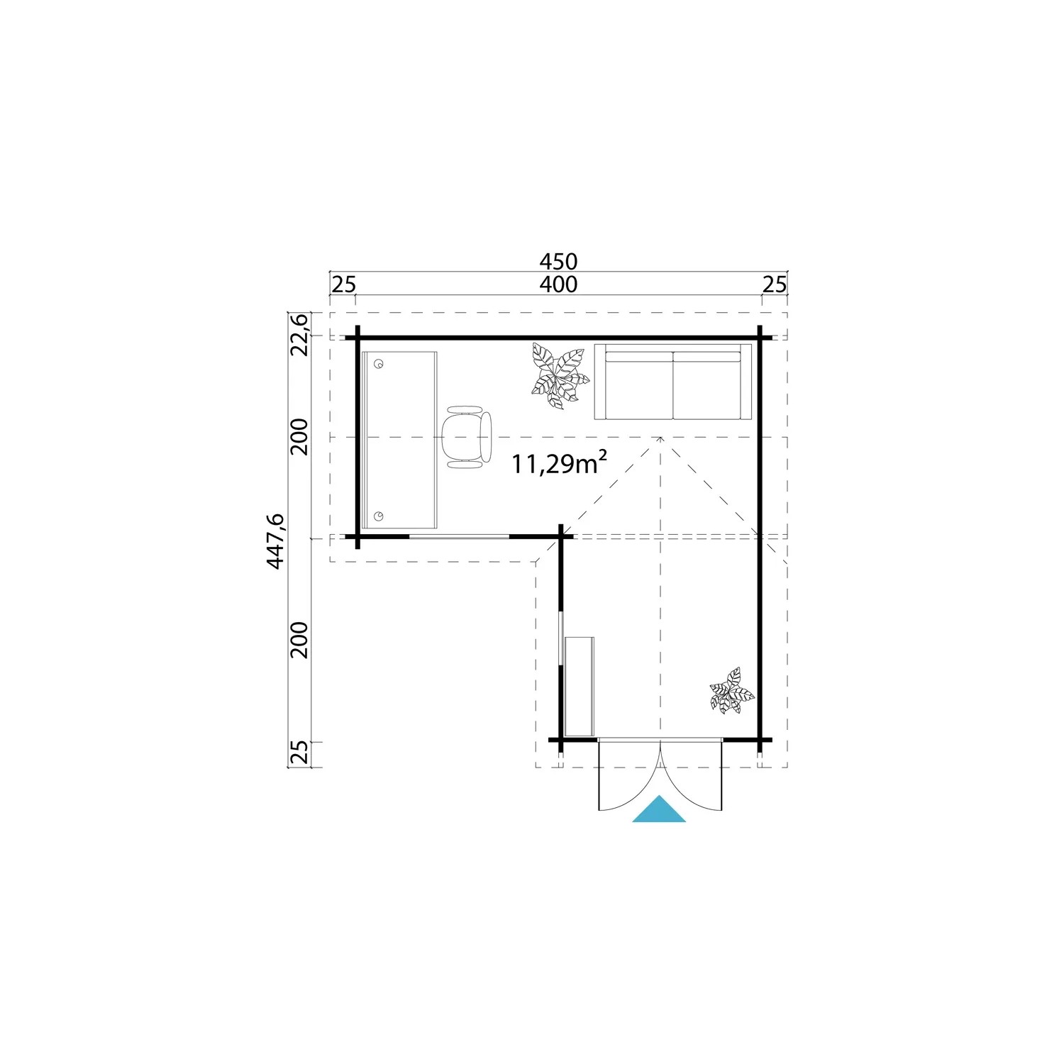 Grundriss Lasita Maja Gartenhaus Portsmouth 44, 400x400 cm, Schwedenrot. Holz-Gartenhaus mit Möbeln und Pflanzen.