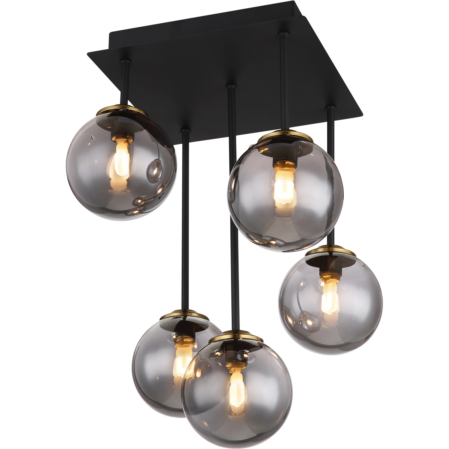 Globo Deckenleuchte Jorge, 5-flammig, schwarz matt mit Rauchglas-Kugeln.