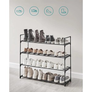 Schwarzes Songmics Schuhregal Deky mit 4 Ebenen, gefüllt mit verschiedenen Schuhen.