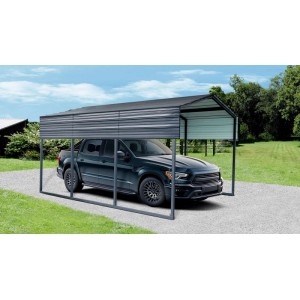 Grauer Westmann Carport Kopenhagen S aus Metall mit Satteldach, schützt ein dunkles Auto auf Kiesweg.