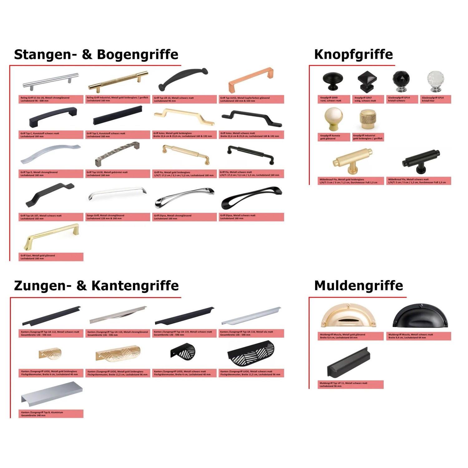 Auswahl an Küchenschrankgriffen: Stangen-, Bogen-, Knopf-, Zungen-, Kanten- und Muldengriffe in verschiedenen Designs.