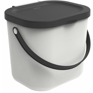 Weißer Rotho Mülleimer Albula 6 l mit schwarzem Deckel und Griff.