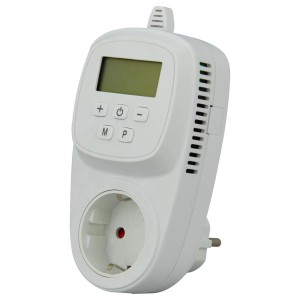 Weiße Thermoschaltsteckdose Infrae zur Steuerung elektrischer Heizgeräte.